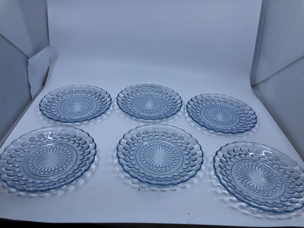 6 TINTED BLUE GLASS BUBBLE PATTERN PLATES.