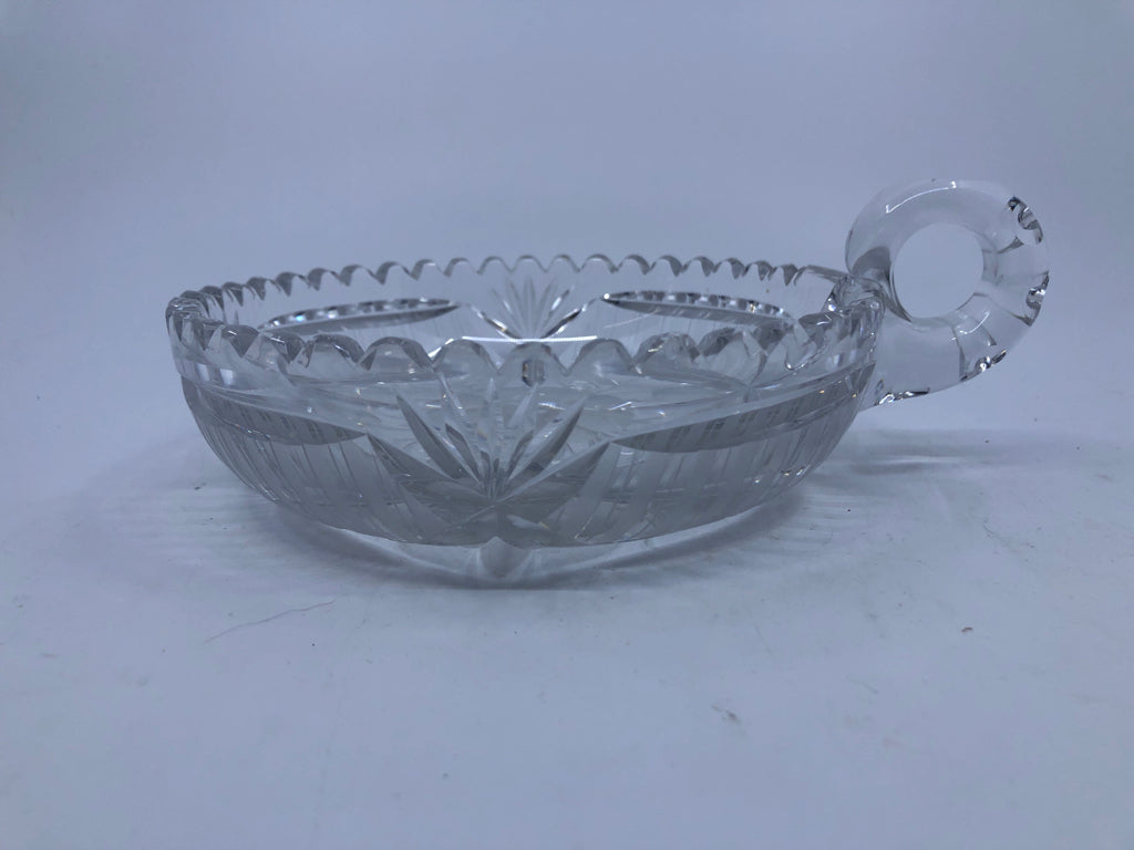 SHALLOW CANDY DISH W/ HANDLE ETCHED FLOWERS+LINES SAWTOOTH EDGE.