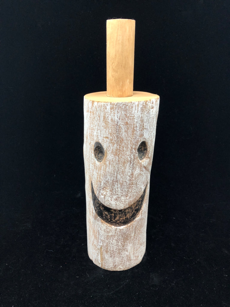 WHITE WASHED CARVED CYLINDER WOOD PUMPKIN.