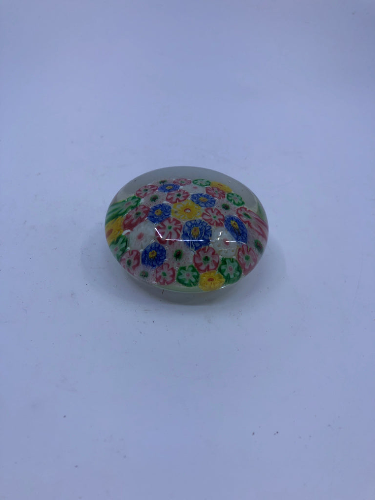 COLORFUL FLORAL BLOWN GLASS PAPER WEIGHT.