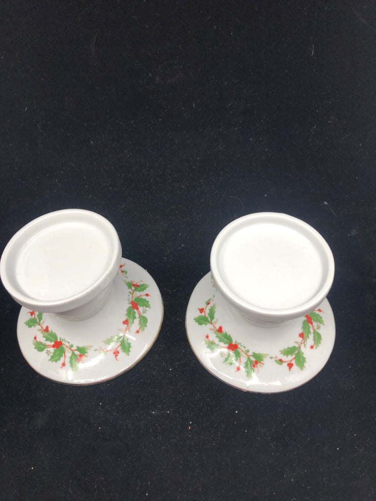 2 WHITE CHINA PEARL MISTLETOE CANDLE HOLDERS.