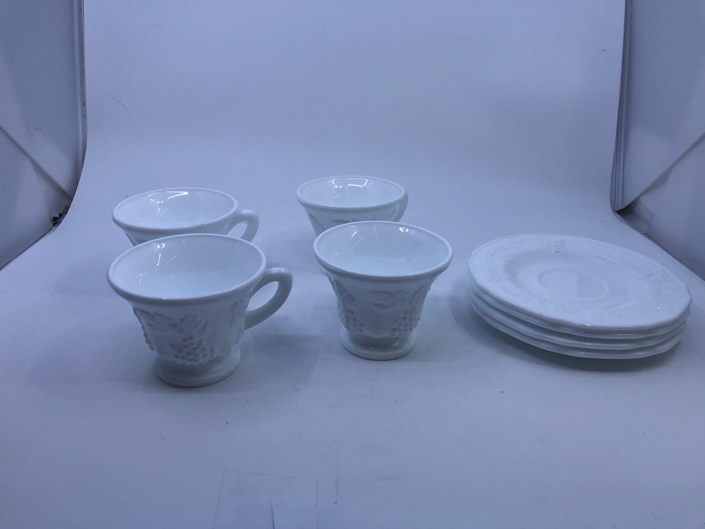 8PC VTG MILK GLASS GRAPES EMBOSSED TEA SET - 4 CUPS 4 SAUCERS.