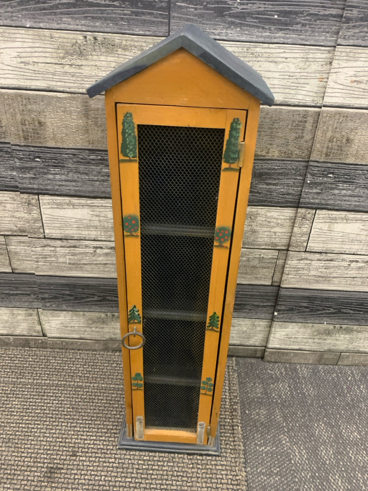 SMALL PRIMITIVE STYLE HOUSE SHAPED 4 SHELF CABINET PAINTED HOUSES/TREES.