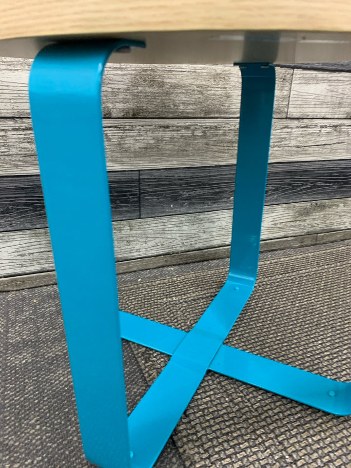 SMALL BAMBOO TABLE W BLUE LEGS.