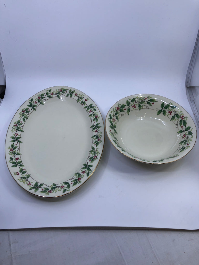 2pc HOLIDAY TRADITIONS HOLLY SERVING PLATTER + BOWL.