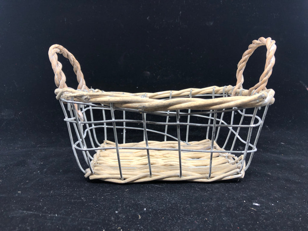 METAL AND LIGHT WOOD WRAPPED BASKET.