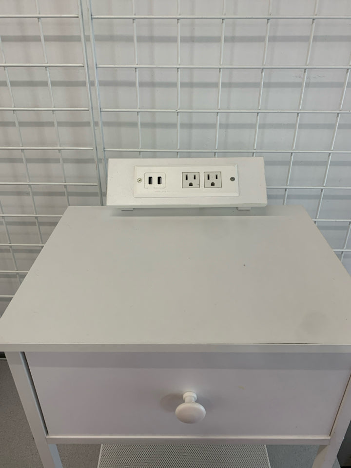 WHITE METAL FRAME NIGHTSTAND W/FABRIC DRAWER POWER OUTLET.