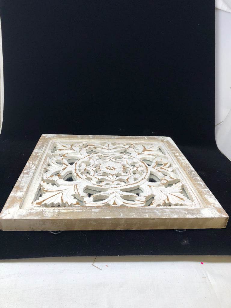DISTRESSED WOOD CUT OUT WALL ART W/ MIRROR BEHIND.