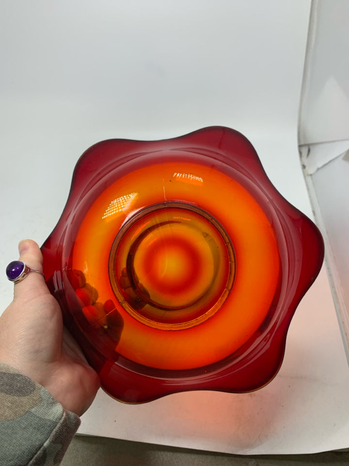 DARK RED GLASS FLOWER SHAPED BOWL.