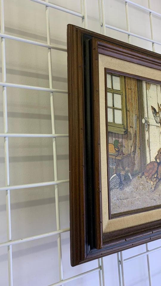 VTG DOG W GEESE IN WOOD FRAME WALL ART.