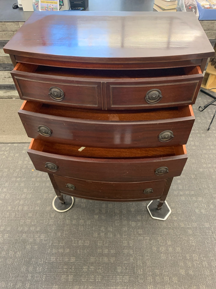 VTG ROUND BOW FRONT 5 DRAWER DRESSER.