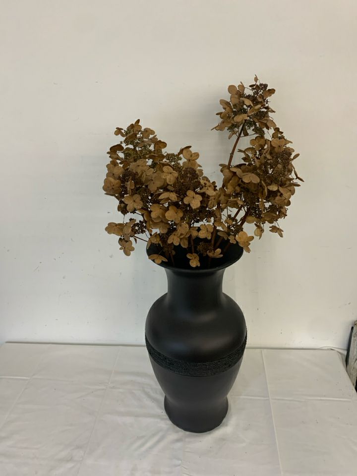 LARGE BLACK VASE W BROWN FAUX FLORAL.