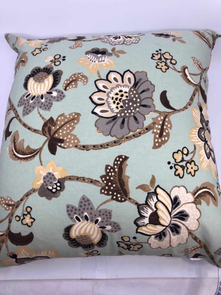 AQUA AND TAN FLOWERS PILLOW.