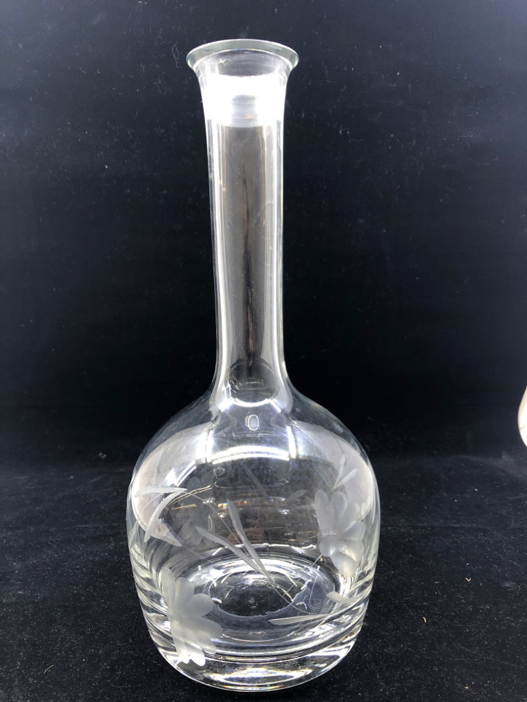 ETCHED FLORAL SKINNY NECK DECANTER.