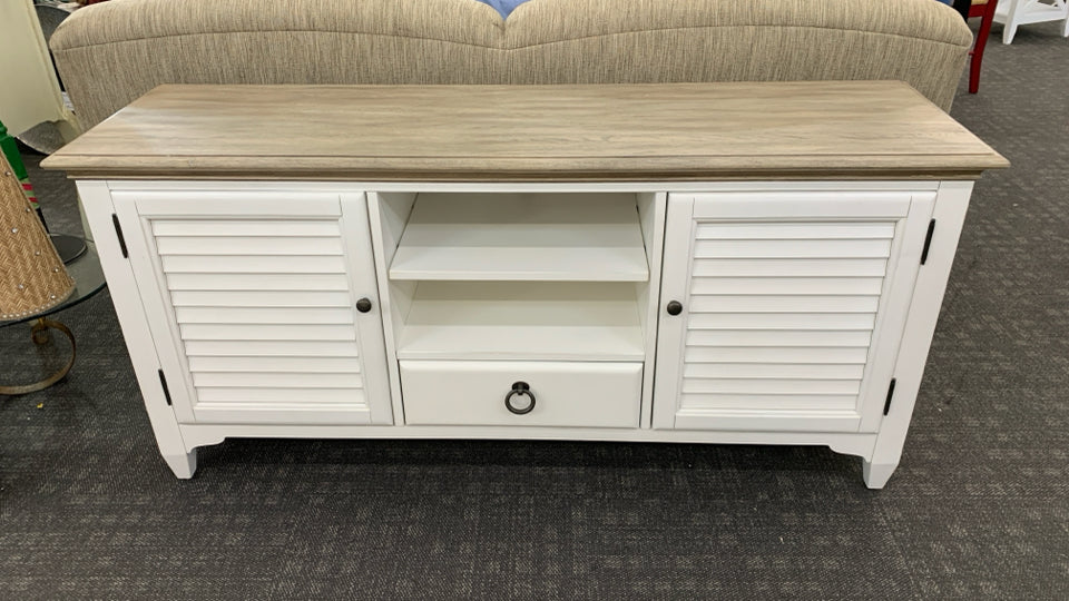 WHITE TV/ MEDIA CONSOLE W/GREY WOOD TOP, 2 DOORS DRAWER.