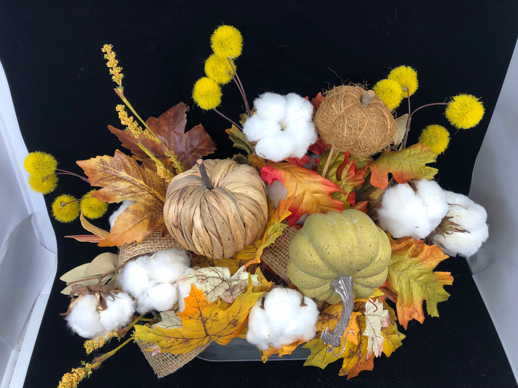 FALL FLORAL ARRANGEMENT IN METAL BUCKET.