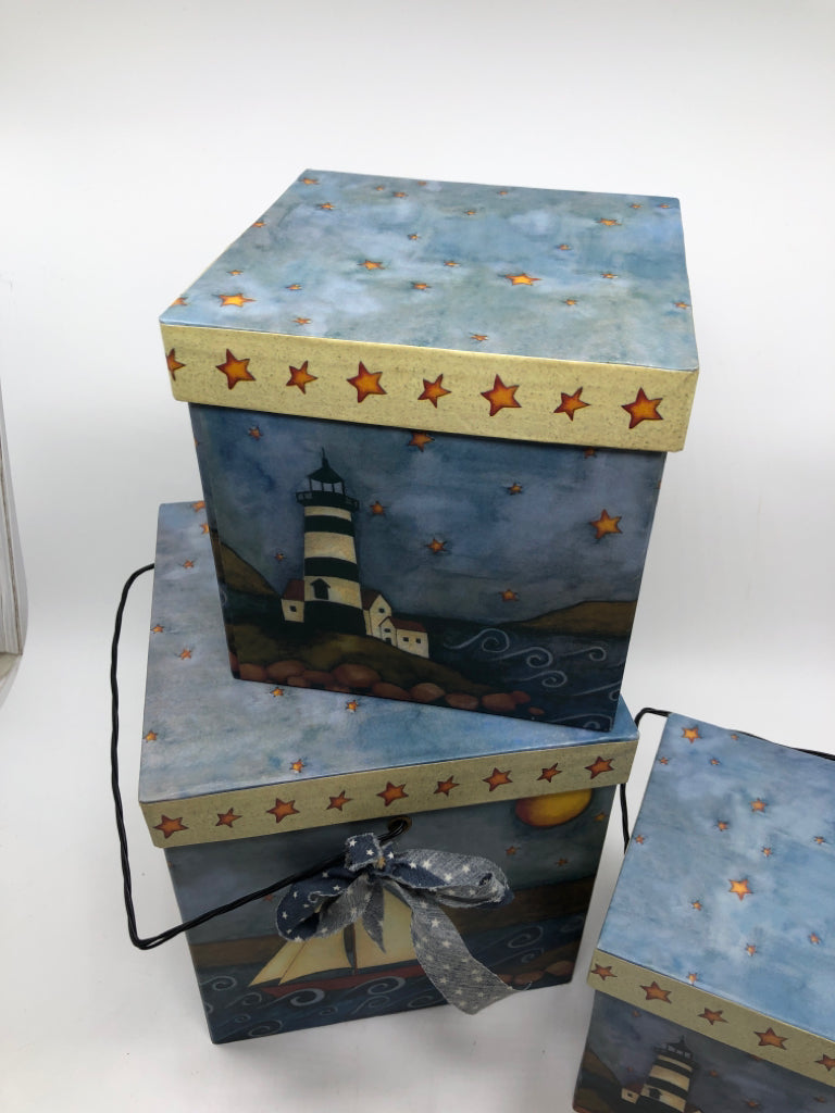 3PC SAILBOAT/LIGHTHOUSE THEMED NESTING BOXES.