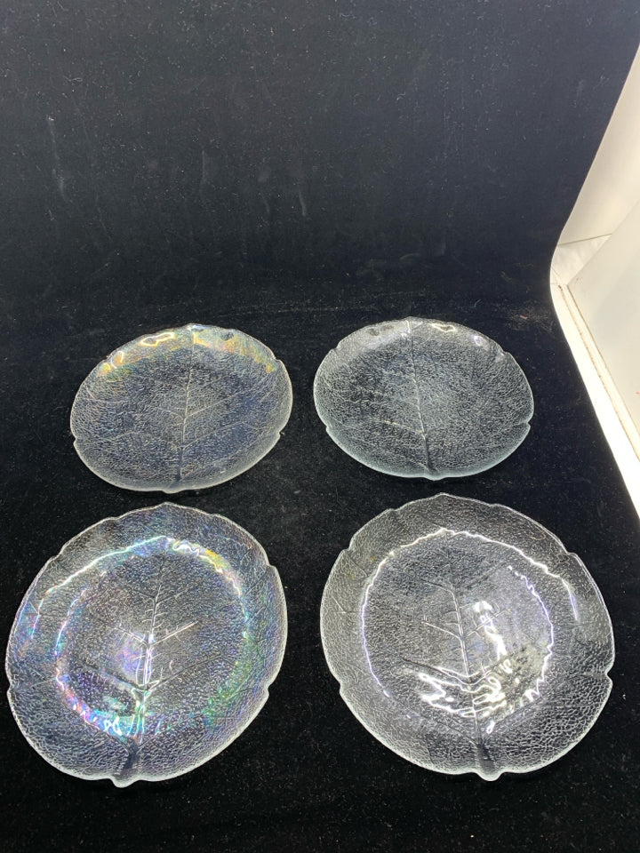 4 GLASS TEXTURED LEAF PLATES.