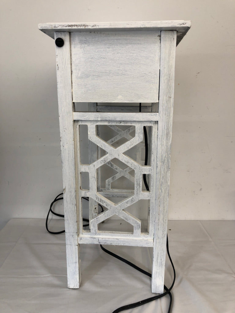 WHITE DISTRESSED SIDE TABLE W DRAWER PLUG AND USB.