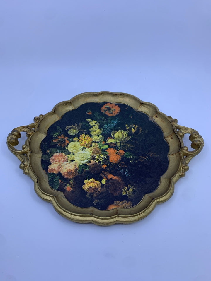 VTG GOLD WOOD ROUND TRAY SCALLOP EDGE W/ PAINTED FLOWERS DESIGN.