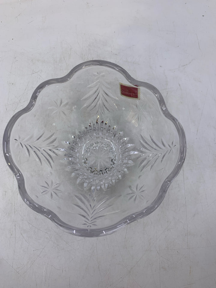FOOTED GLASS CANDY DISH W/ ETCHED TREES CELEBRATIONS.