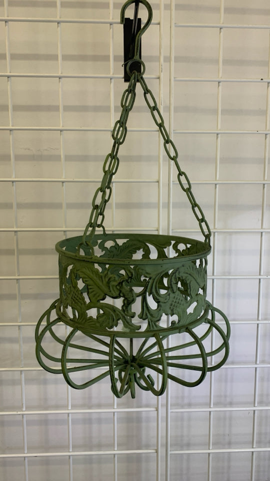 MINT GREEN METAL HANGING PLANTER W/RUSTIC VICTORIAN DESIGN.