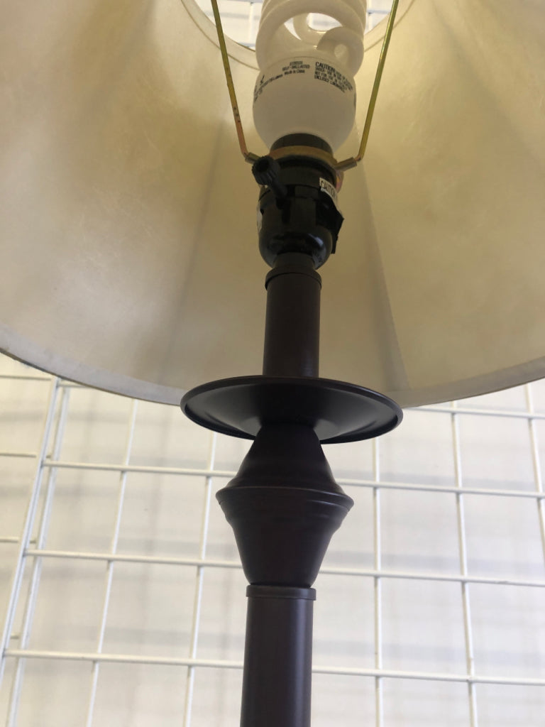 BROWN BASE LAMP, FAUX LEATHER TAN SHADE.