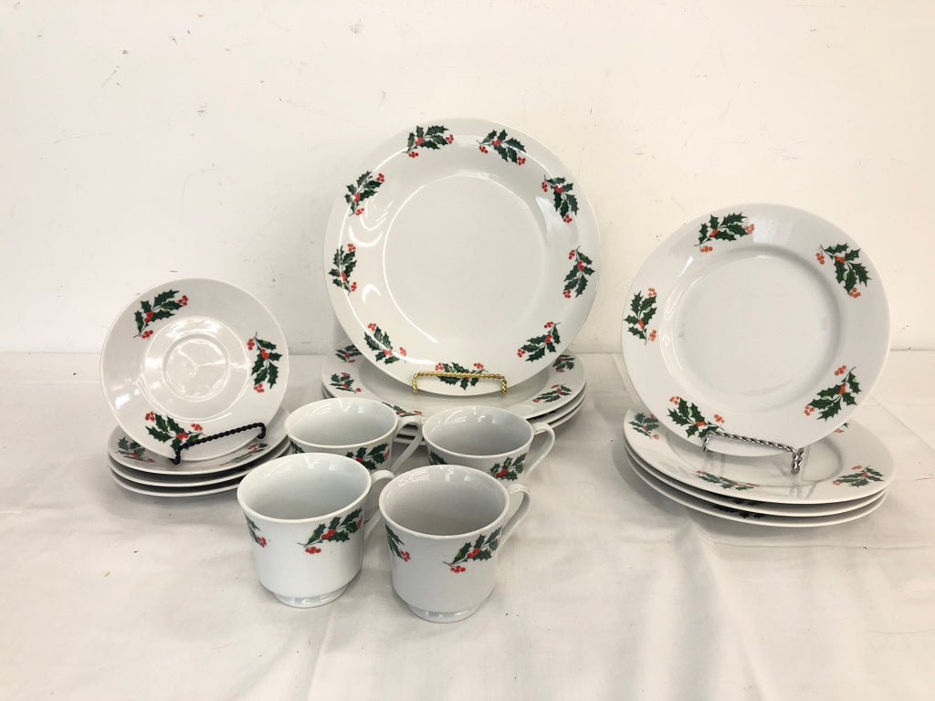 16PC HOLLY & BERRIES DISH SET- 4 DINNER PLATES, 4 SAUCERS, 4 CUPS, 4 LUNCH PLATE