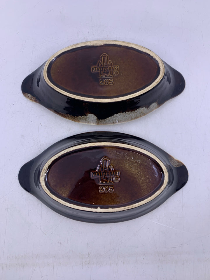 2 BROWN DRIP POTTERY SINGLE OVAL BAKERS.