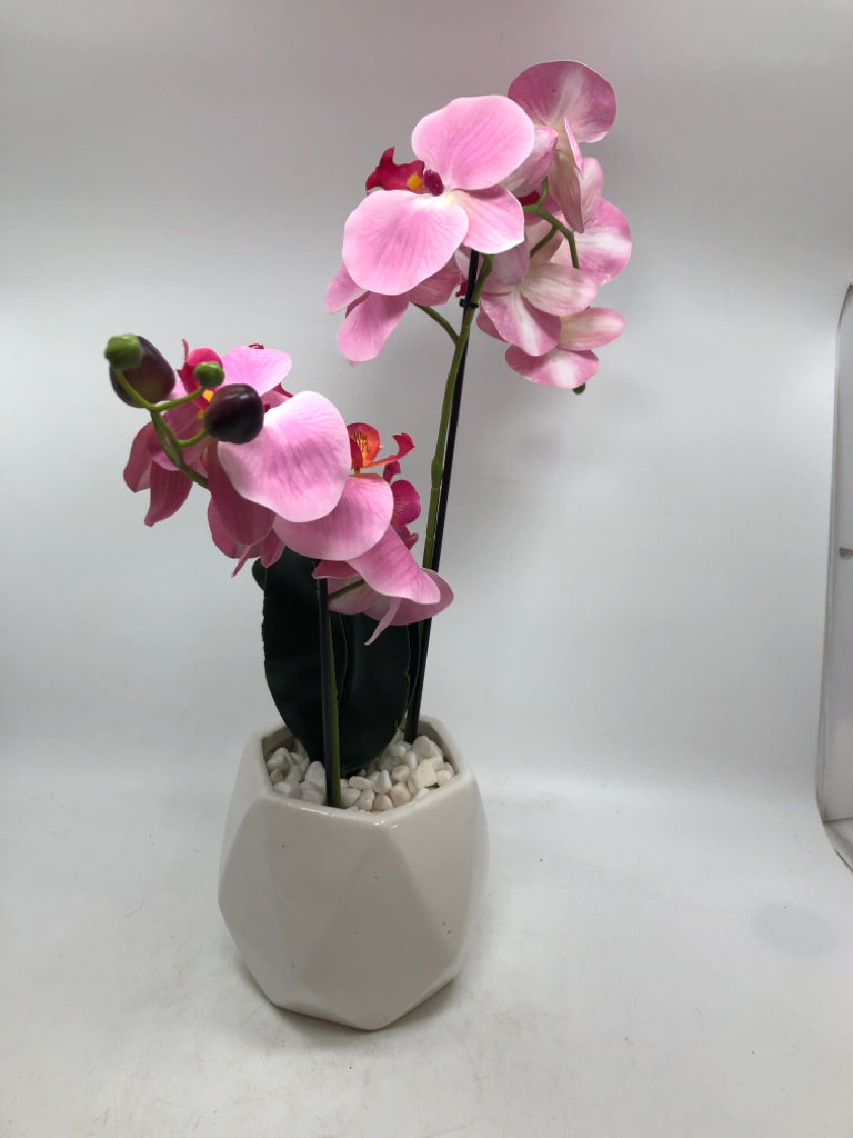 FAUX PINK ORCHIDS IN PLANTER.