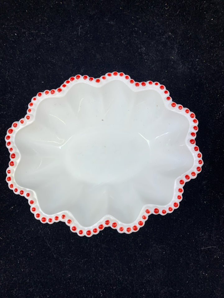 VTG MILK GLASS W RED DOTS.
