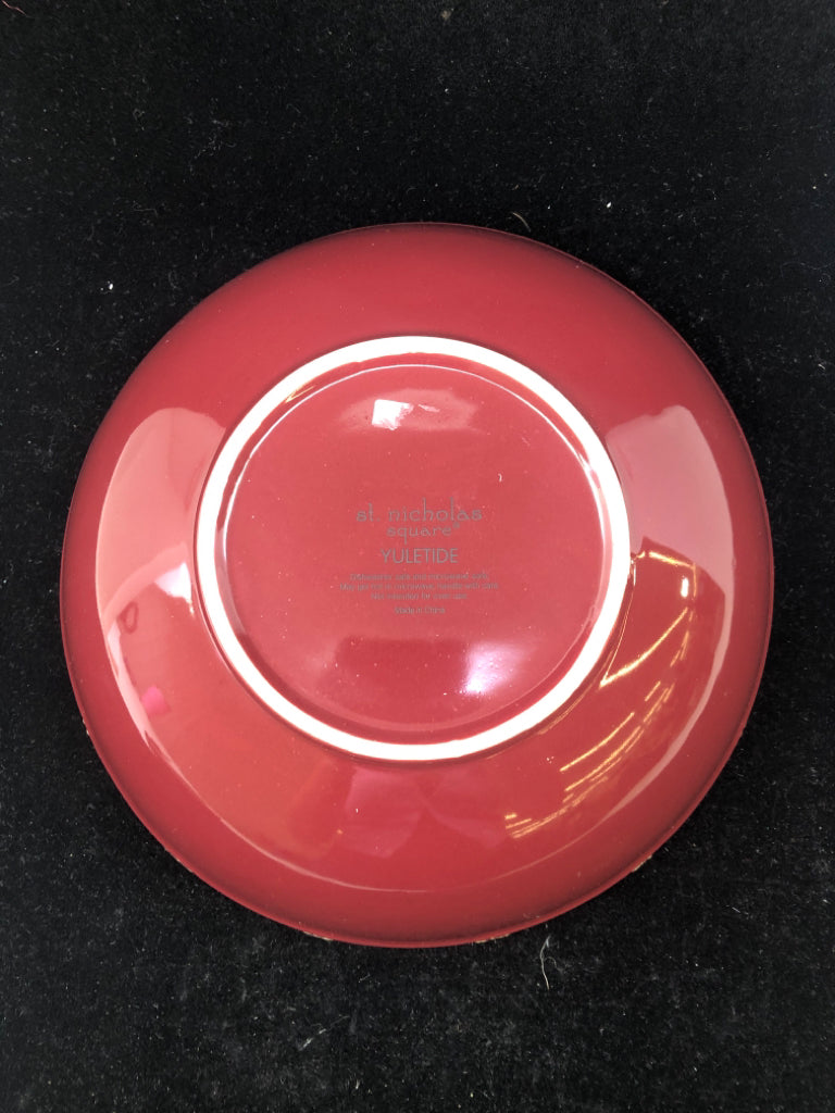 LARGE SNOWMAN SERVING BOWL W MAROON OUTSIDE AND SNOWFLAKES.