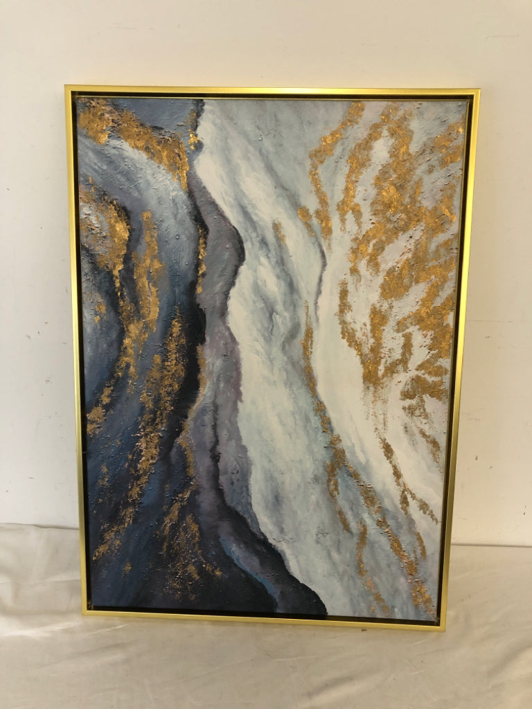 DARK BLUE, WHITE + TEXTURED GOLD ABSTRACT CANVAS IN GOLD FRAME.