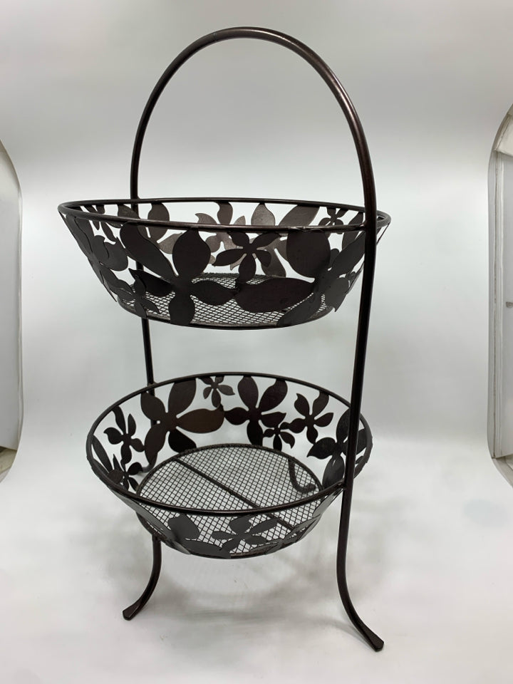 2 TIER BROWN METAL FLORAL FRUIT BASKET.