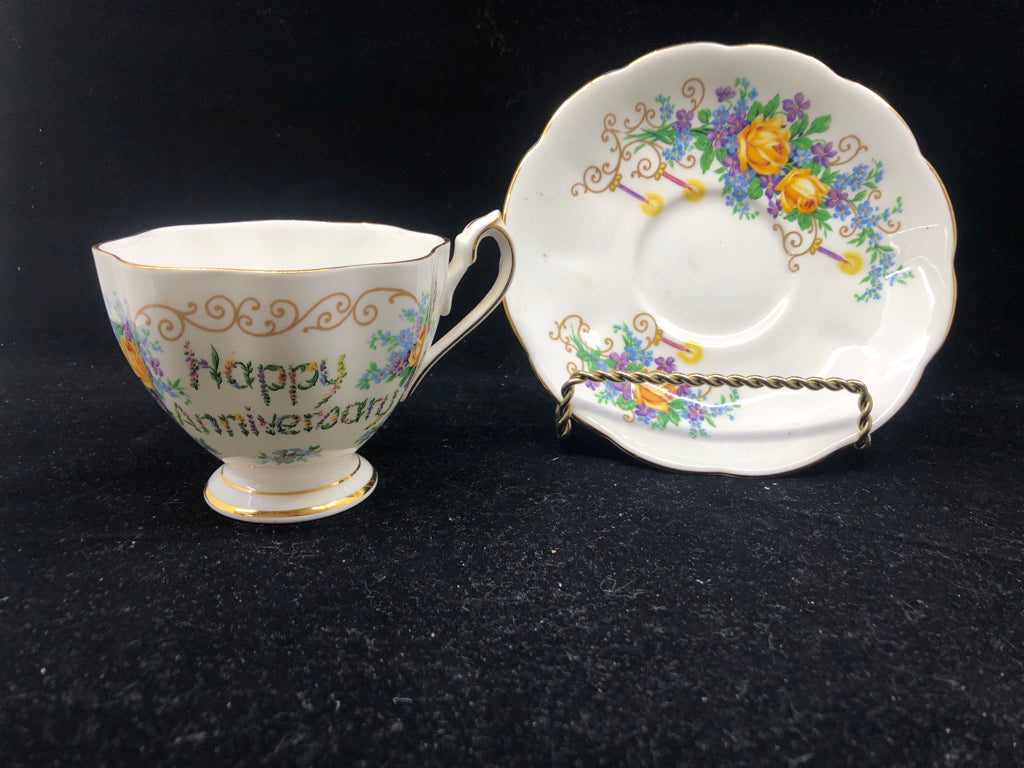 VTG CUP + SAUCER HAPPY ANNIVERSARY YELLOW ROSES/CANDLES.