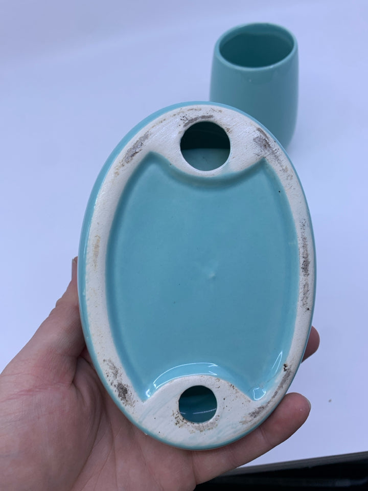 2 PC BATHROOM SET SOAP HOLDER & CUP TIFFANY BLUE