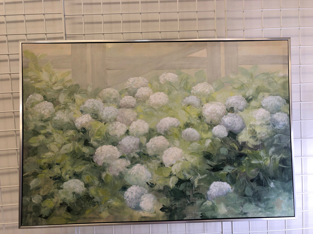 WHITE HYDRANGEAS CANVAS W/ SILVER FRAME.