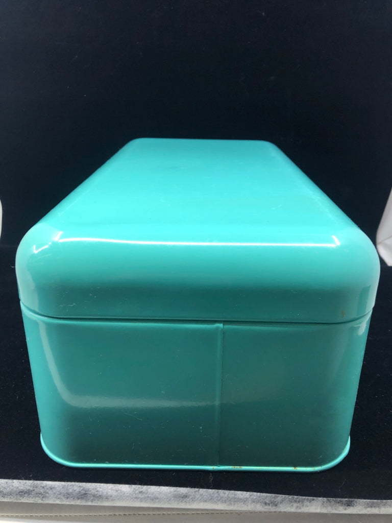 TEAL METAL ENAMEL BREAD BOX.