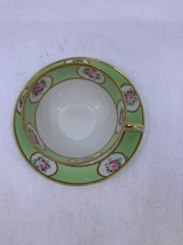 LIGHT GREEN GOLD DETAILS W/ PINK ROSE CUP/SAUCER.