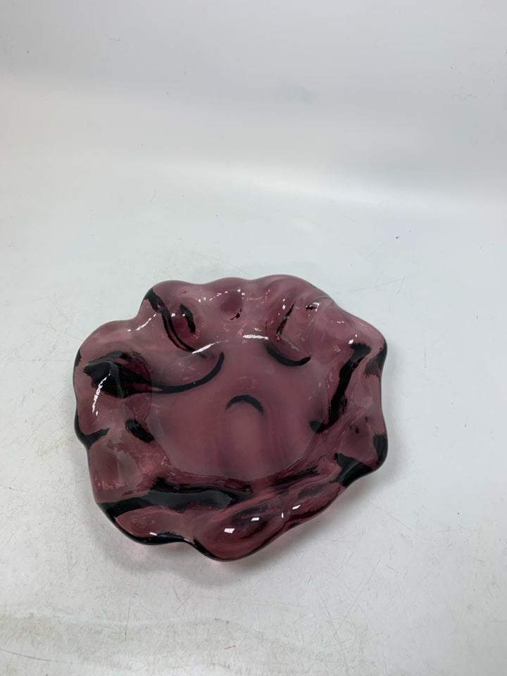 THICK BLOWN GLASS HEAVY PURPLE BOWL UNEVEN EDGES.