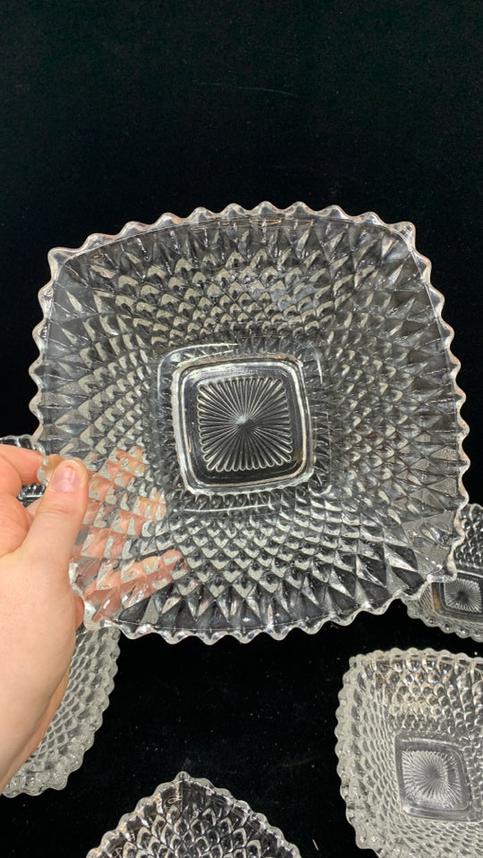 8PC DIAMOND CUT GLASS CANDY AND NUT DISH SET.