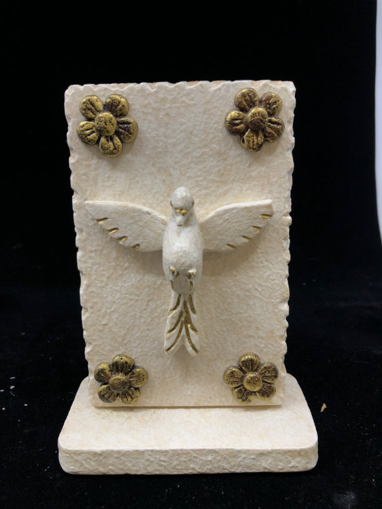 CREAM DOVE PLAQUE FIGURE W/GOLD FLOWERS GARDIEN.