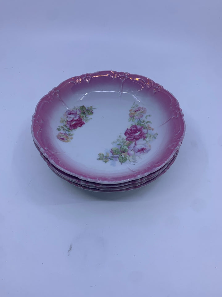 4 VTG PINK OMBRE FLORAL SHALLOW BOWLS.