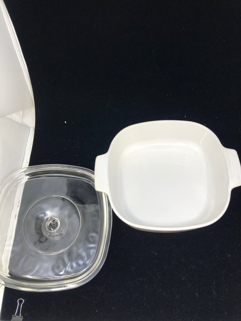 SQUARE FLORAL COVERED CASSEROLE DISH.