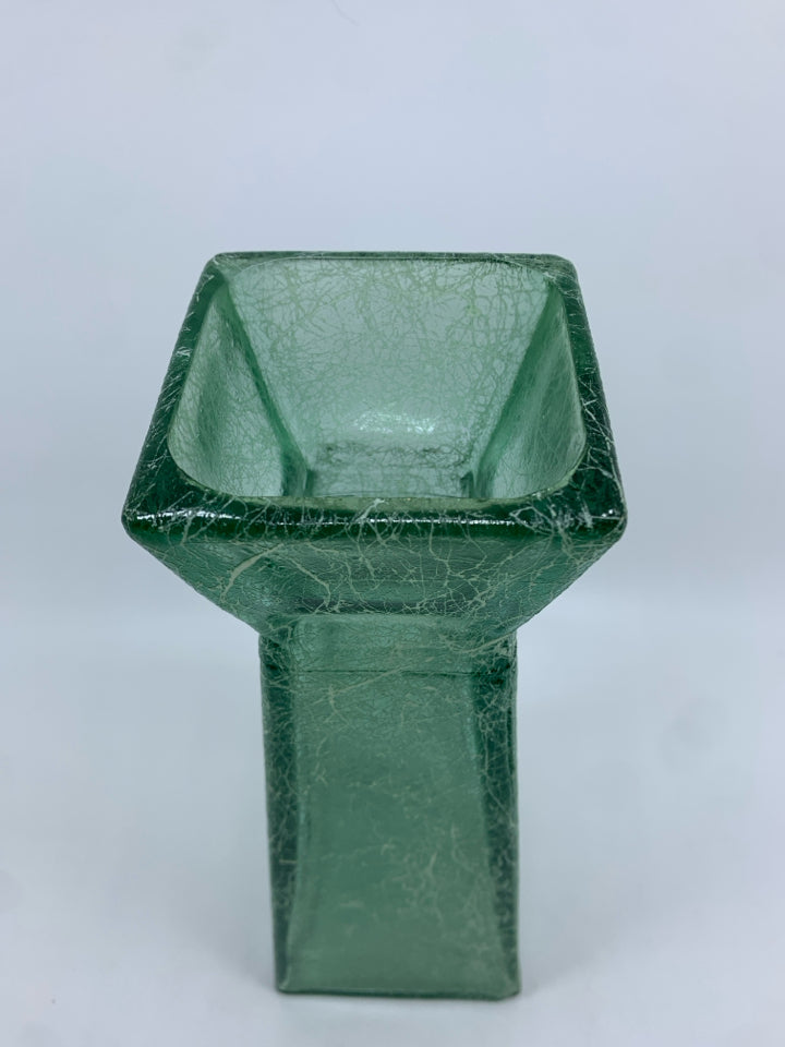 GREEN FROSTED GLASS VASE W/WHITE PAINT SPLATTER.