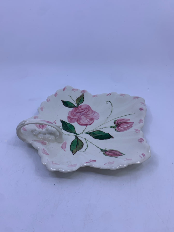 IVORY LEAF SHAPED BOWL W/ PINK ROSES+HANDLE.