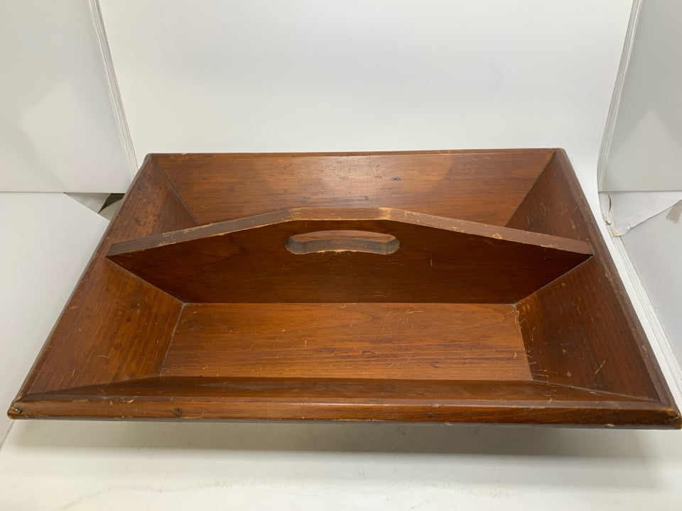 LARGE DIVIDED WOOD TRAY W/ HANDLE.