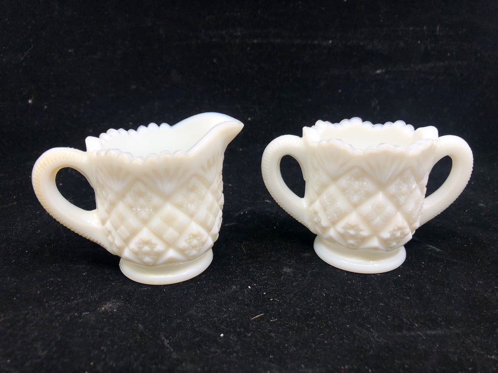 VTG SAWTOOTH EDGE MINI MILK GLASS SUGAR AND CREAMER.