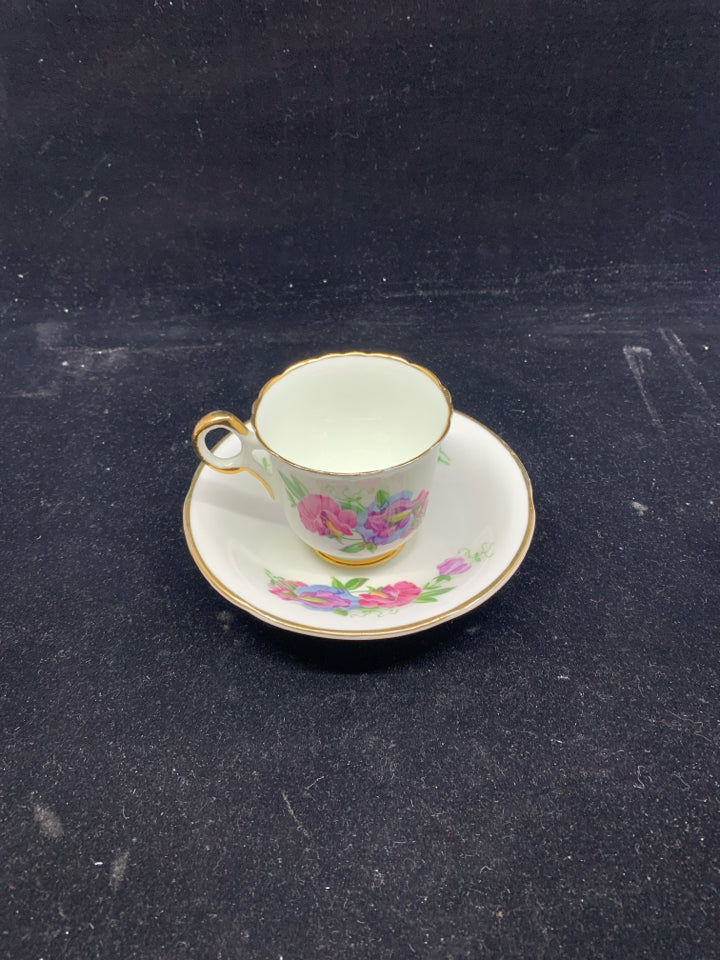 VTG TEA CUP/SAUCER PINK,PURPLE,BLUE FLOWERS.