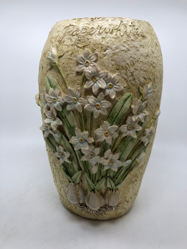 RESIN VASE W/PAPER WHITE DAFFODIL ACCENTS.